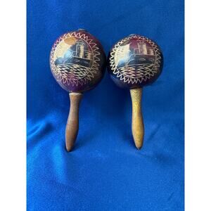 Vintage Pair of Hand Carved and Painted Maracas